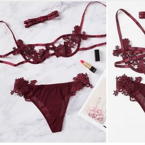 Floral Patch Wine Lingerie Set by Shein